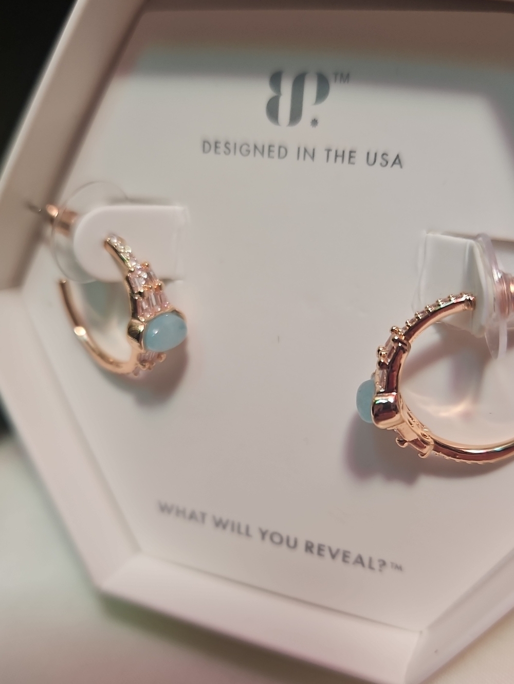Bomb Party Rose Gold Hoops with Pale Blue Cabochon